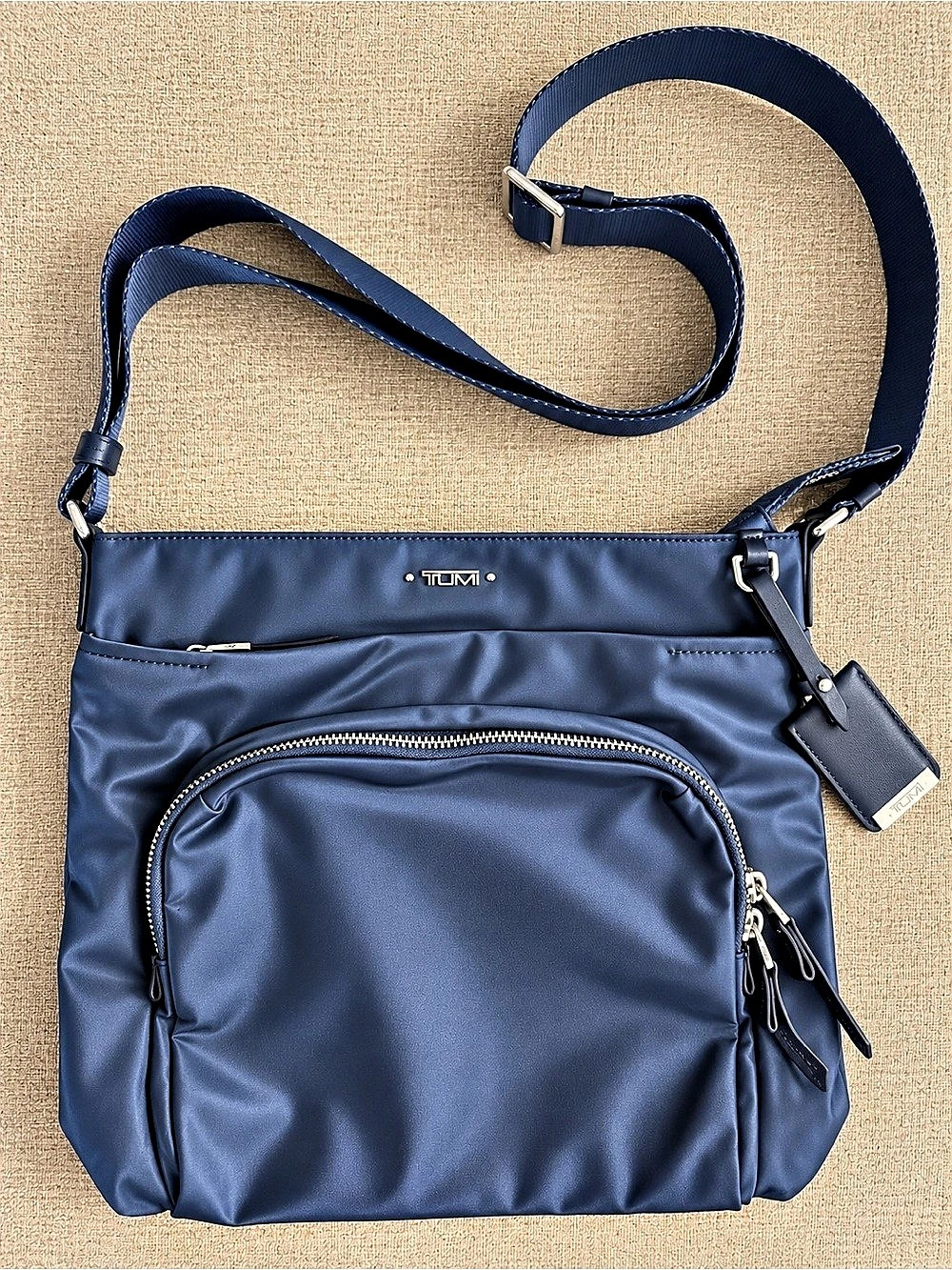 TUMI Voyageur Blue Nylon Crossbody Messenger Bag Silver Hardware Never Used